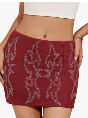 Women’s Burgundy Flame-Embroidered Mini Skirt